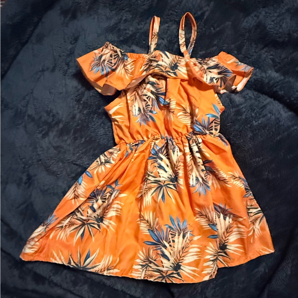 Girls Orange Tropical Ruffle Sundress with a Hat